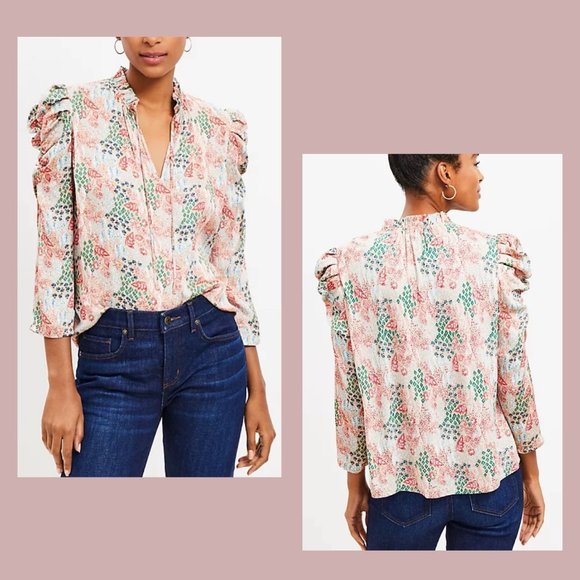 LOFT WOMEN Garden Cinched Sleeve Ruffle Tie Neck Mixed Media Top M - Picture 1 of 16